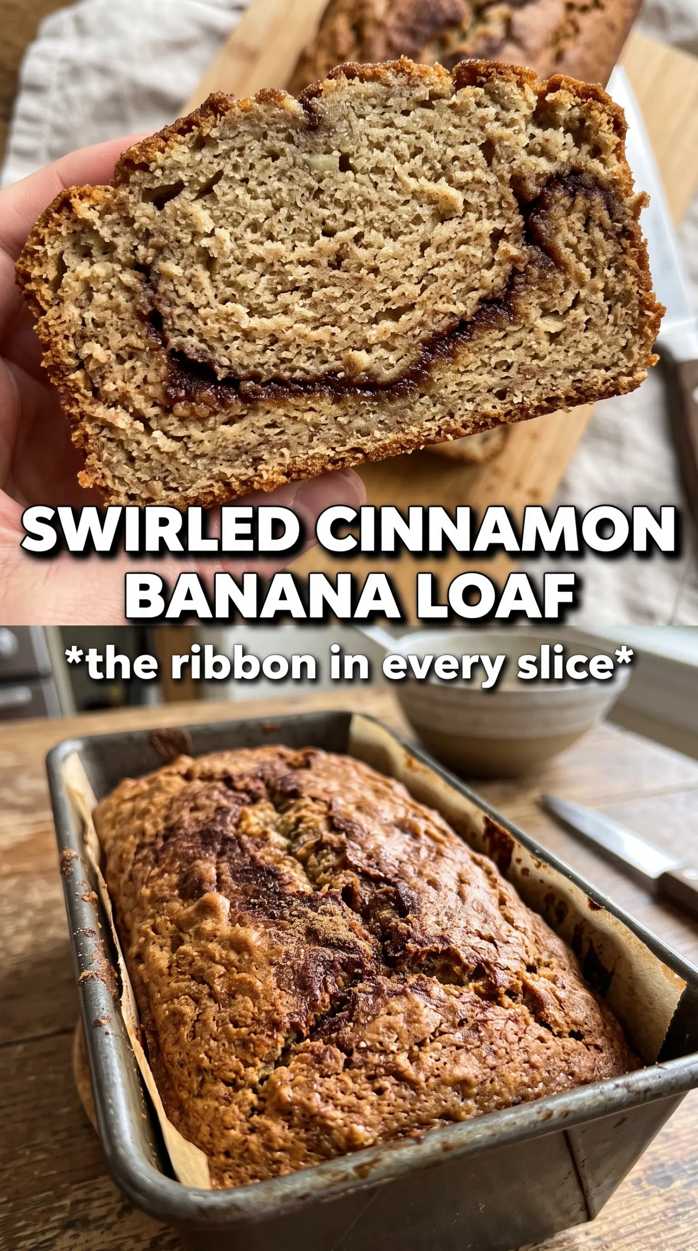 Cinnamon Roll Banana Bread with cinnamon swirl, cream cheese glaze, moist crumb
