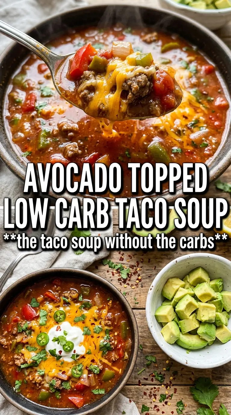 Low Carb Taco Soup spiced beef, cauliflower, toppings