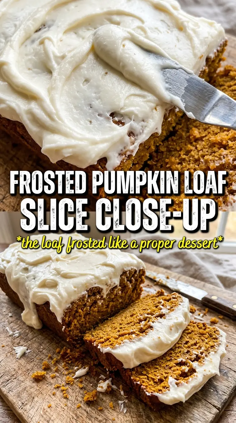 Pumpkin bread with cream cheese frosting, frosted loaf, cinnamon-dusted