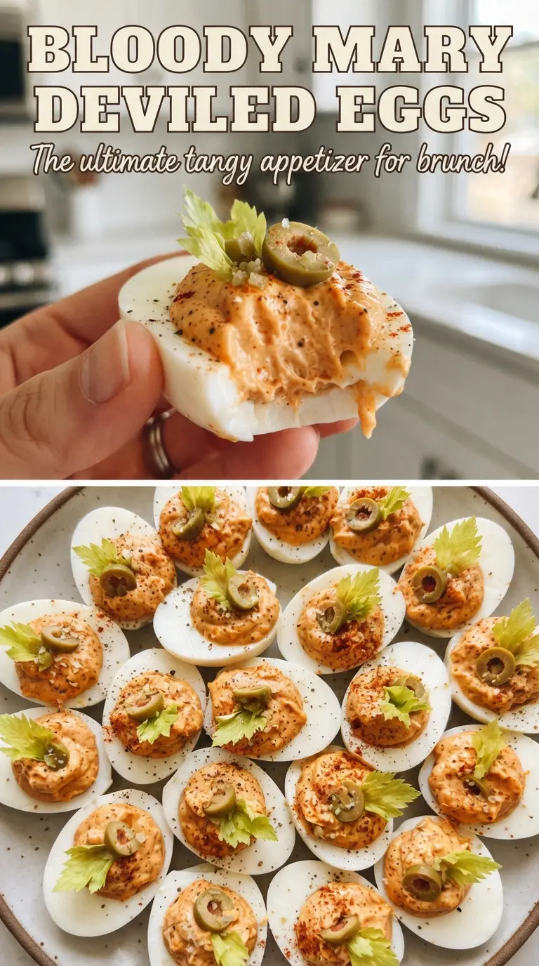 Bloody Mary Deviled Eggs rosy, savory, garnished