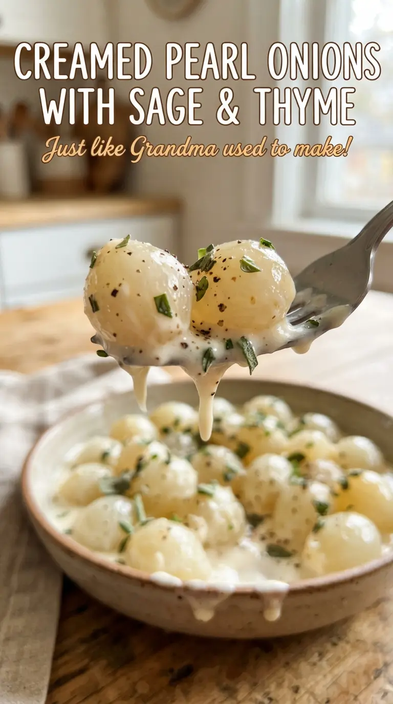Creamed Pearl Onions with Sage and Thyme glossy creamy savory