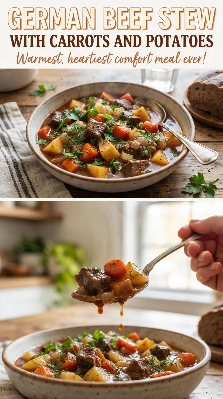 German beef stew with carrots and potatoes, dark and hearty