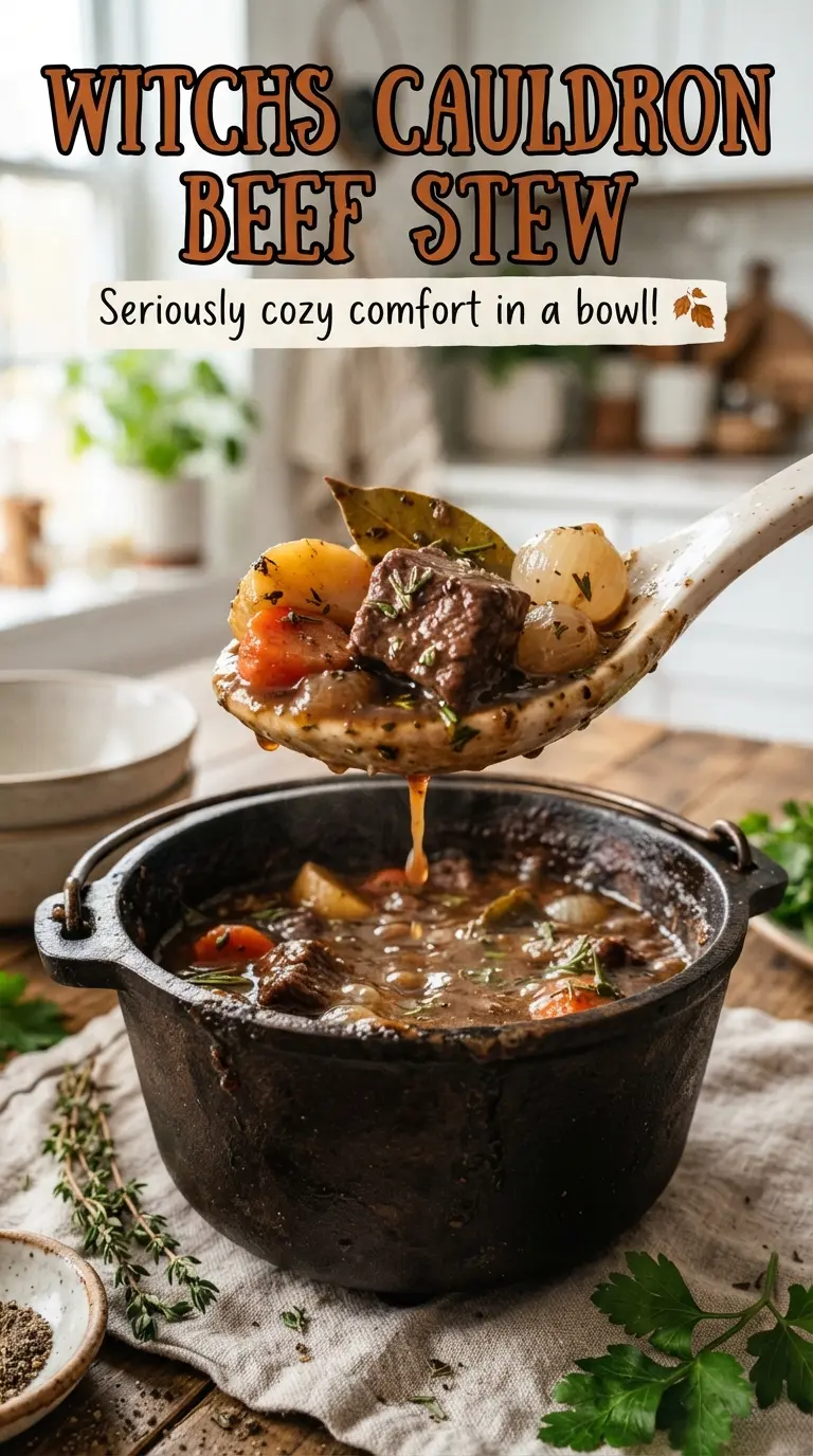 Witch's Cauldron Beef Stew dark bubbling, hearty, rustic